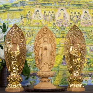 tượng tây phương tam thánh đứng bằng gỗ bách