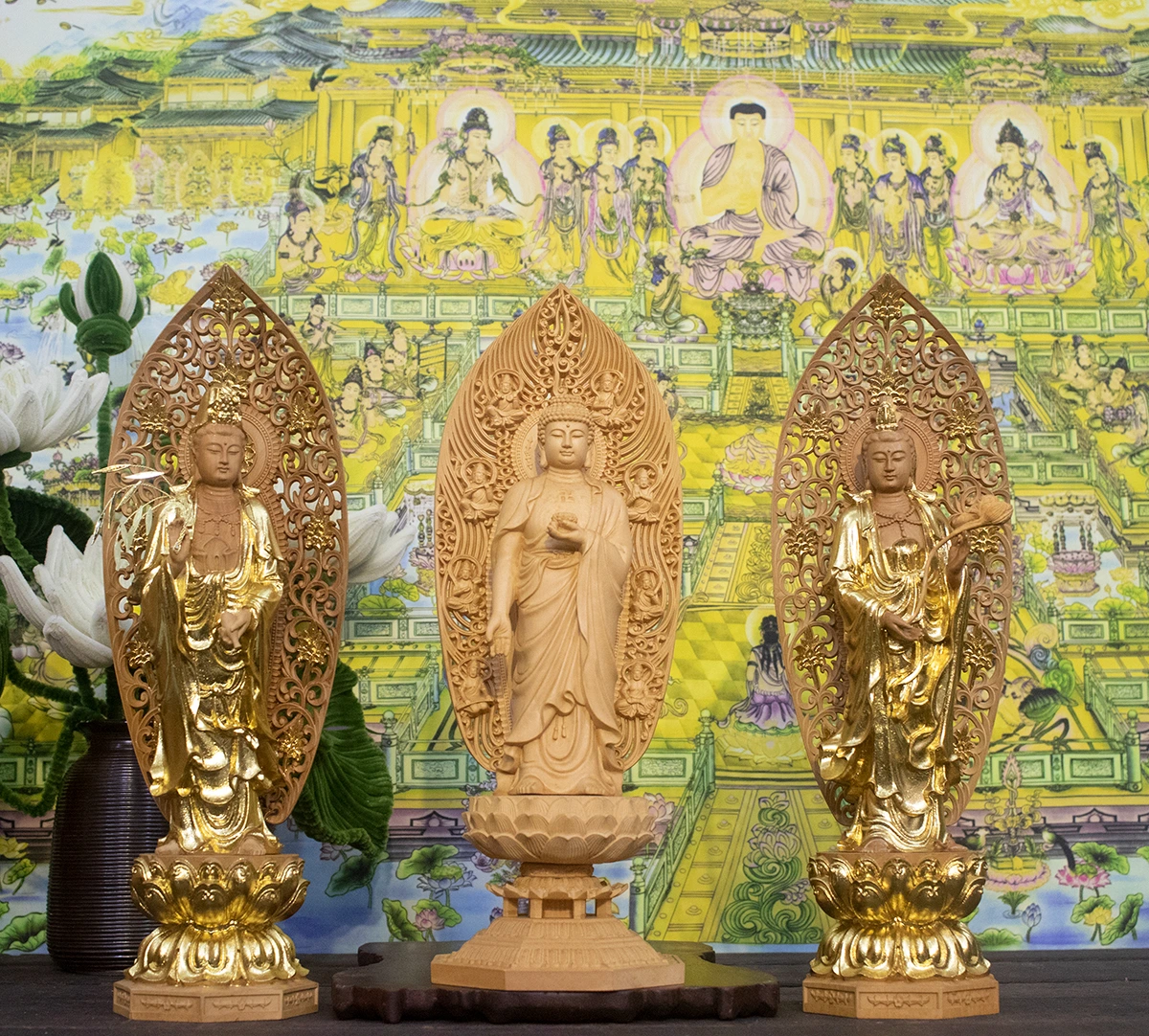 Tượng Tây Phương Tam Thánh đứng bằng gỗ Bách